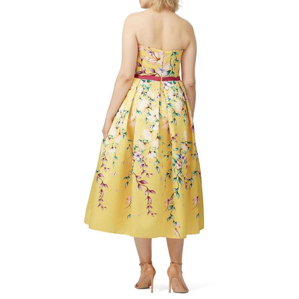 Marchesa Notte Yellow Strapless Floral Tea Dress Size 10 - Picture 2 of 5